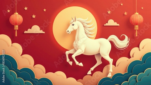 A majestic white horse running freely through fluffy white clouds