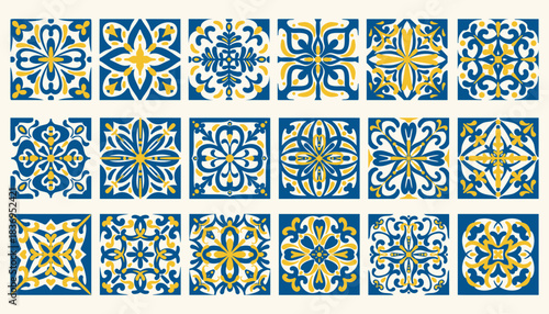 Mediterranean ceramic tiles with blue pattern on white background. Italian traditional ornaments with floral motif. Geometric vintage Amalfi design elements. Vector