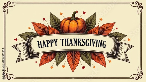 A colorful Thanksgiving banner featuring a pumpkin and leaves
