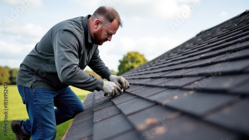 Wallpaper Mural A person working on the roof of a house, with tools and equipment Torontodigital.ca
