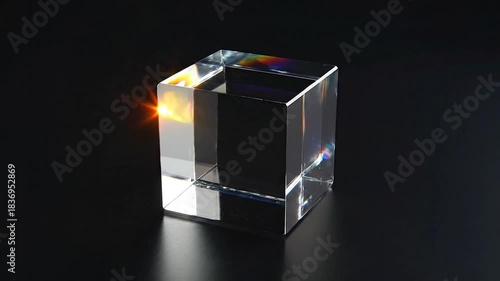 Transparent Glass Cube with Light Refraction on Black Background