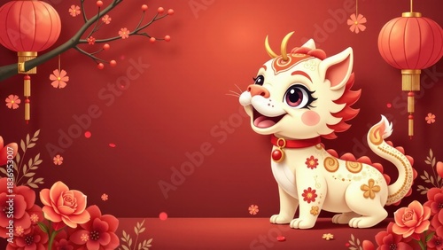 A white cat sits on a red background, wearing a bright red collar