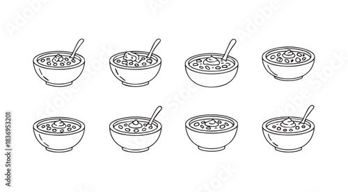 Hand drawn set of eight delicious bowls of cereal with spoons morning meal icons vector