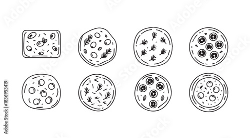 Collection of hand drawn pizza icons diverse styles and toppings for delicious food design vector
