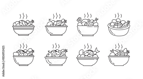 Collection of hot steaming bowls of food with fresh ingredients isolated vector