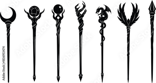 A collection of ornate staffs and scepters with diverse symbolic designs