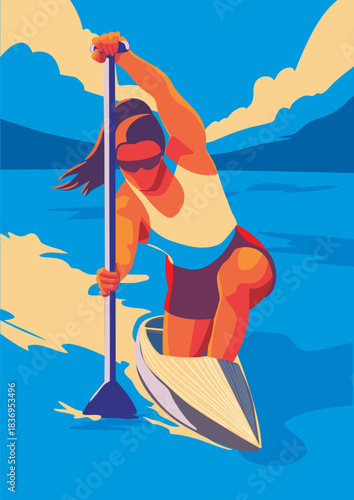 A female athlete is kayaking on a river. Vector illustration. Banner, poster, postcard.