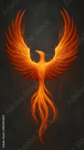 rising from flames with vibrant wings spread wide against dark sky
