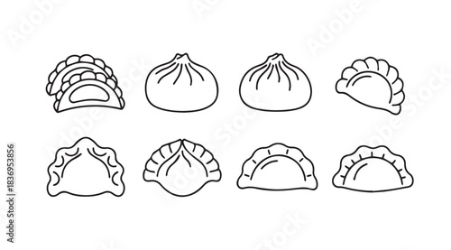 Hand drawn dumpling variety collection featuring steamed baozi and pan fried gyoza line art vector