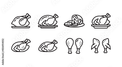 Collection of roasted chicken and meat icons simple line art set for food service vector