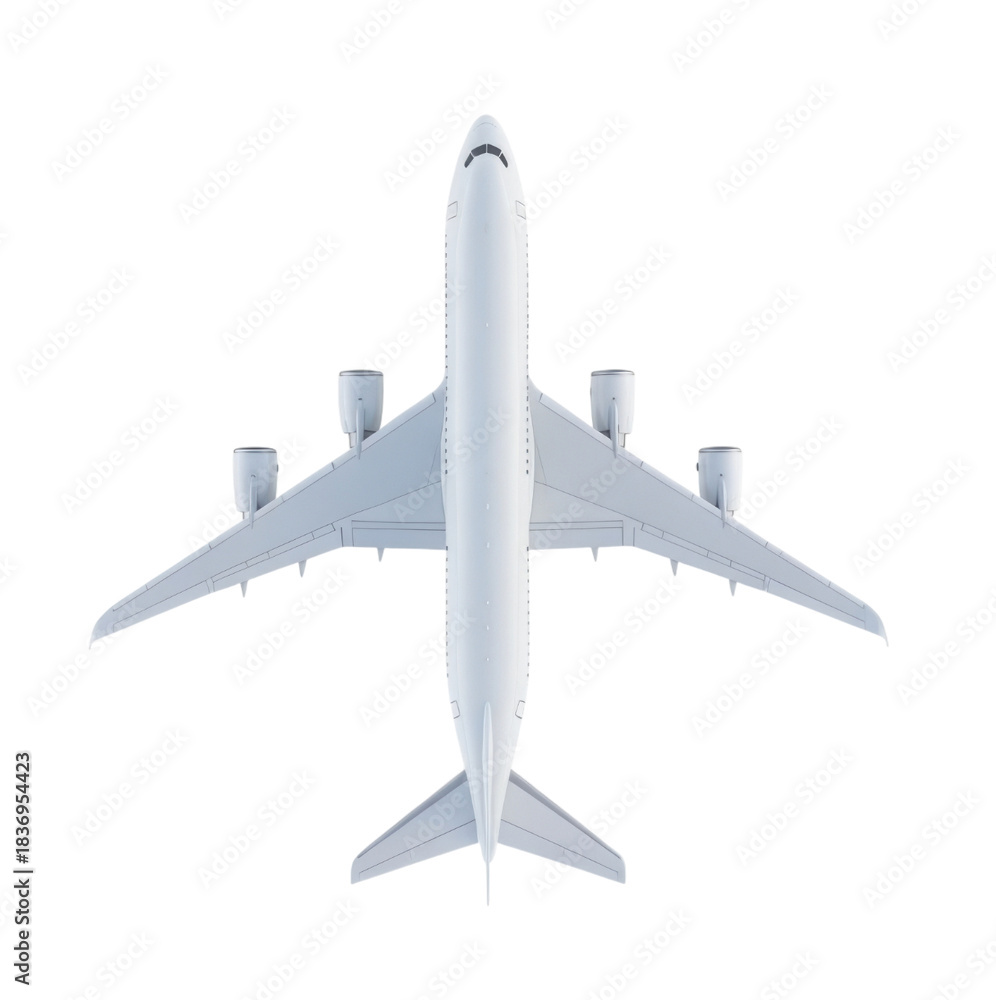 Fototapeta premium Top view of a white airplane transparent background cutout png