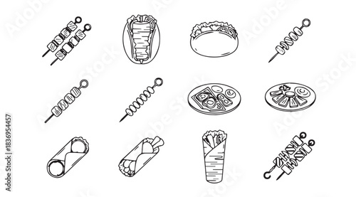 Hand drawn skewers food culinary items collection line art style set vector