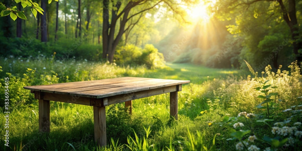 Naklejka premium Rustic Wooden Table in a Sunlit Meadow with Lush Greenery and Trees in the Background