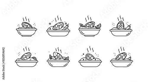 Collection of eight hand-drawn stylized food bowls with steam and ingredients vector