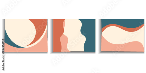 Vector set of minimal square backgrounds with organic abstract shapes and sample text in pastel colors. vector