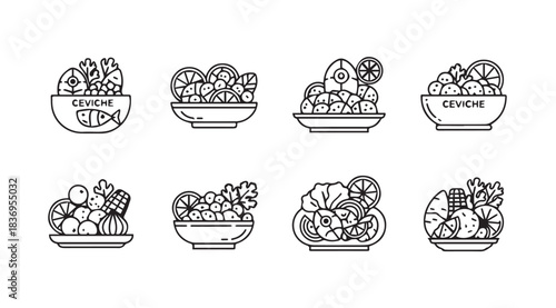 Hand drawn outline collection of delicious food bowls appetizing snacks and healthy meals vector