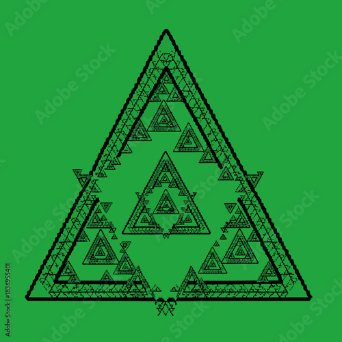 Intricate black geometric fractal triangle pattern on a vibrant green background, featuring multiple nested triangles with detailed line work.