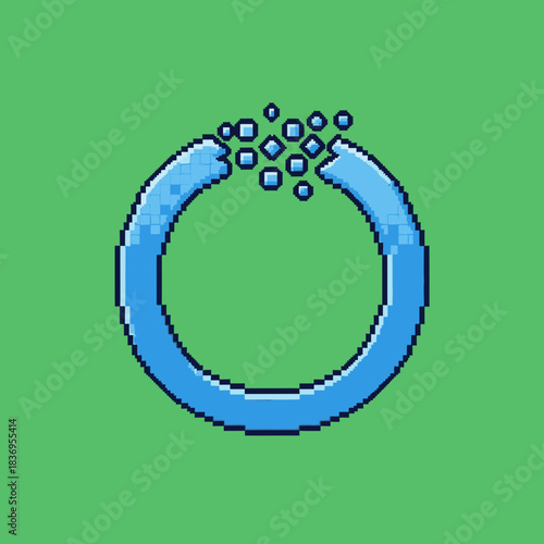 Pixel art blue circle breaking apart with scattering pixels on a green background.