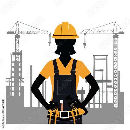 Silhouette of a female construction worker with hard hat and tool belt standing in front of a building site with cranes.