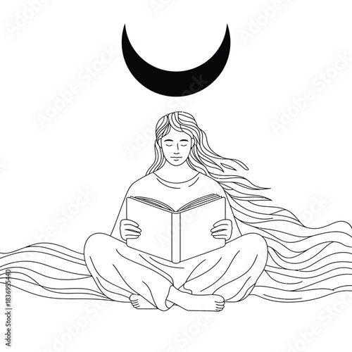 Woman meditating while reading a book beneath a crescent moon illustration