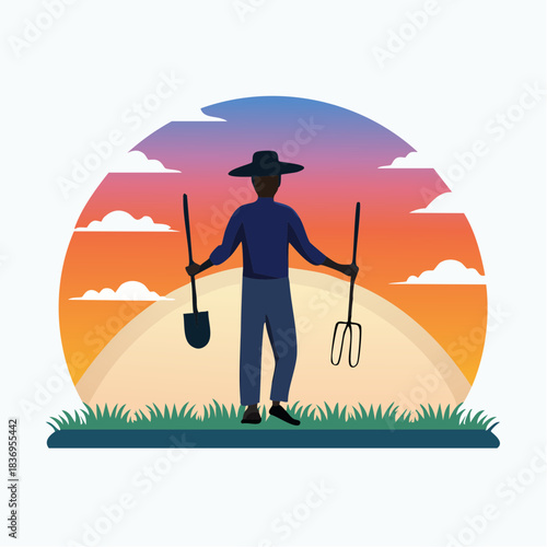 A farmer standing in a field at sunset holding a shovel and a pitchfork, ready for work.