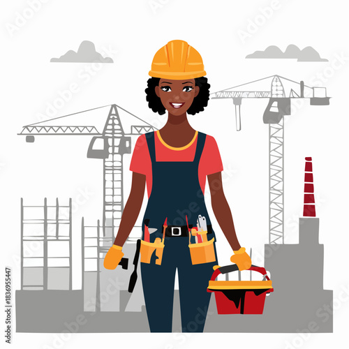 A smiling Black female construction worker stands in front of a busy construction site with cranes and buildings.