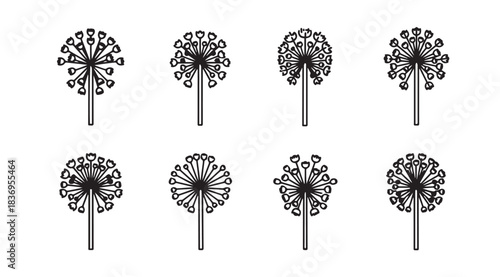 Set of eight detailed dandelion seed head silhouettes for artistic projects vector