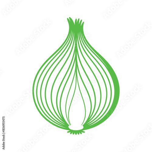 A vibrant green illustration of an onion with layered tapered sections