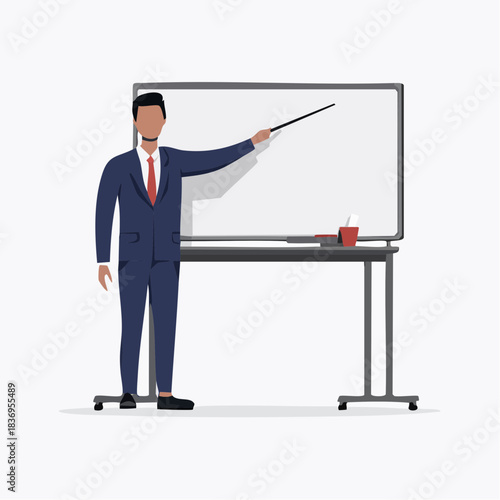 A businessman or teacher in a suit pointing at a blank whiteboard with a stick, ready to present or explain.