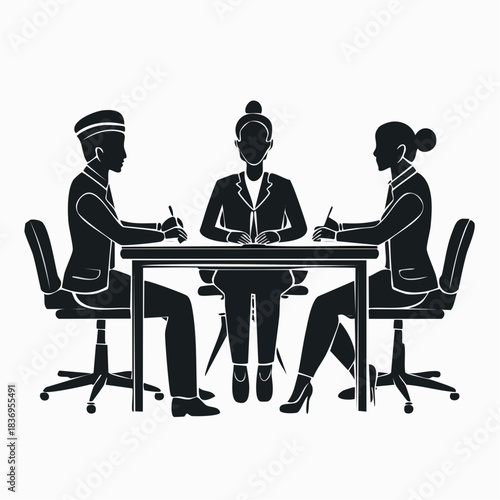 Three professional silhouettes in a business meeting or interview setting around a table.