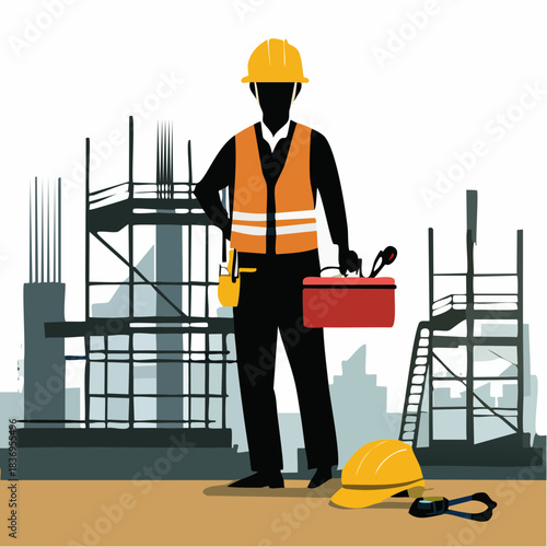 Silhouette of a construction worker with a hard hat and safety vest holding a toolbox, standing in front of a building site with scaffolding.