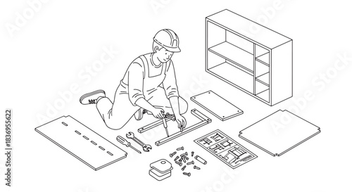Man assembling furniture with tools and parts