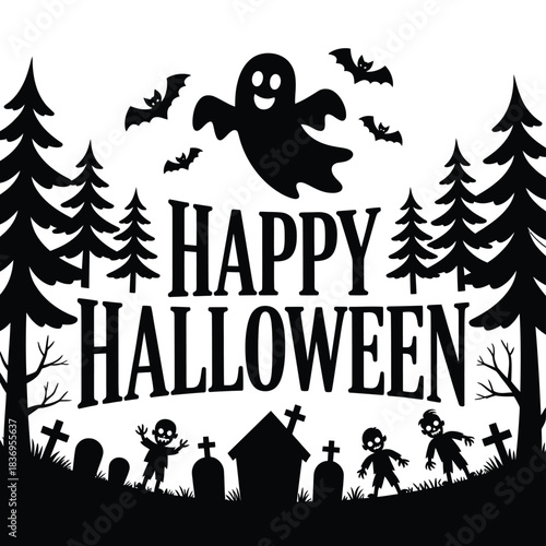 Spooky halloween scene with a ghost bats and a haunted graveyard