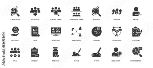 Clinical Trial icon set containing clinical study, participant, control group, comparison group, research, placebo, patient, treatment, randomized, double-blind, medicines, in vivo and in vitro