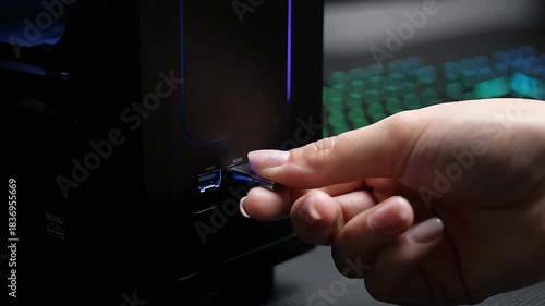 Hand inserting USB flash drive into computer port with glowing keyboard.