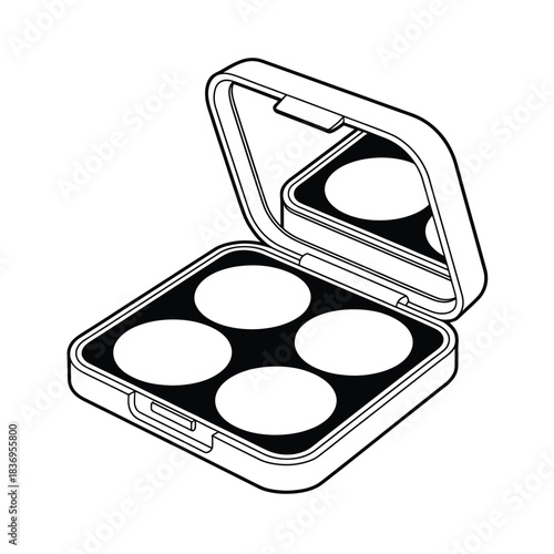 An open cosmetic compact with four circular spaces and a mirror