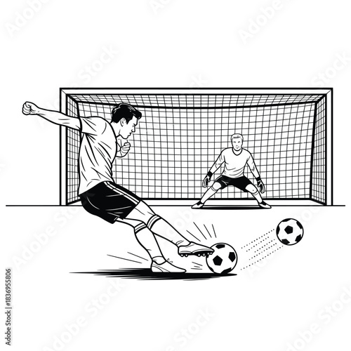 A soccer player kicks the ball towards the goal goalkeeper prepared