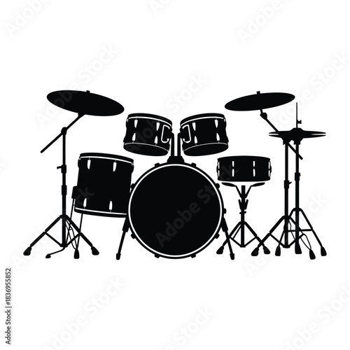 Black silhouette of a complete drum set against a white background