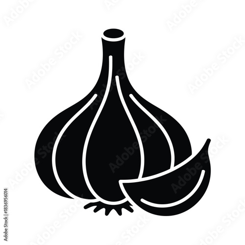 A simple black and white illustration of a garlic bulb and clove