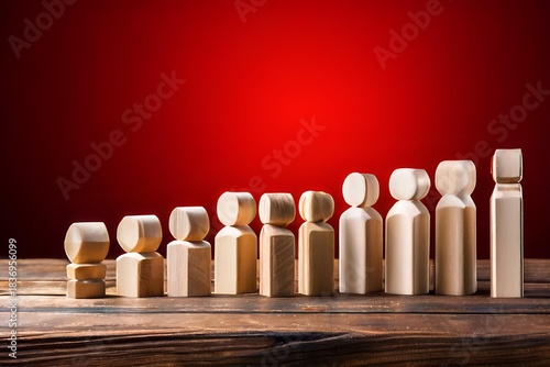 Wooden Candidate Figures Lined Up on Stage for Creative Selection, Ranking, and Leadership Choice Visuals