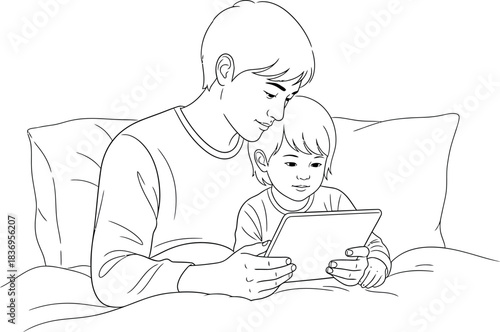 Father and son reading on tablet together in bed