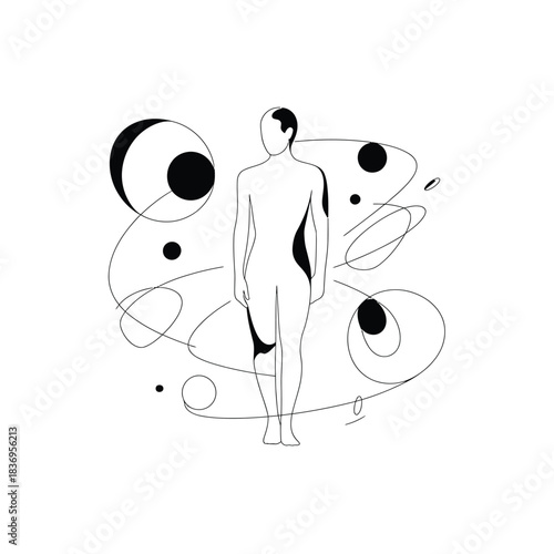 Abstract figure with orbiting shapes and lines in black and white