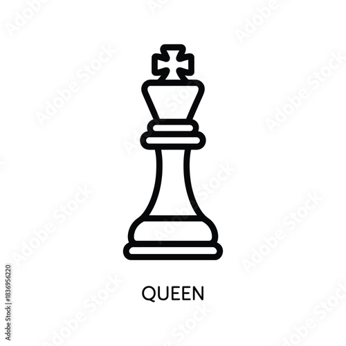 Simple line drawing of a chess king piece with the word queen