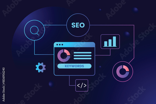Seo optimization concept with keywords, analytics, and search icons