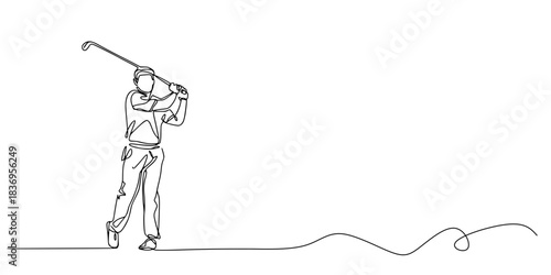 One Line of Precision, A continuous line drawing of a golfer mid-swing, capturing motion and focus