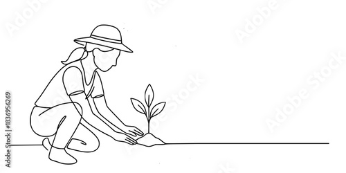 One Line of Growth, A continuous line drawing of a person planting a sapling, symbolizing care and sustainability