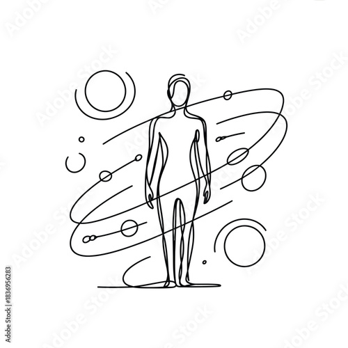 Human figure connected to orbiting circles and elliptical paths abstract design