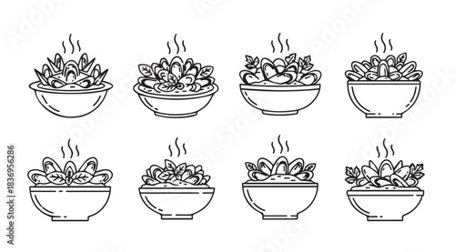 Hand drawn bowl of delicious hot food collection steam rising from freshly cooked meals vector