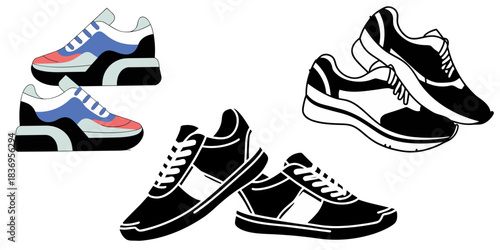 Sneakers in Contras A visual set of four sneaker pair two in vibrant color, two in black-and-white sketch style