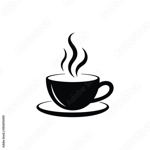 Simple black and white illustration of a steaming cup of coffee